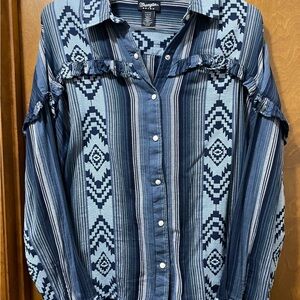 Wrangler Retro Women's Blue Striped, Ruffled Top, Womens L